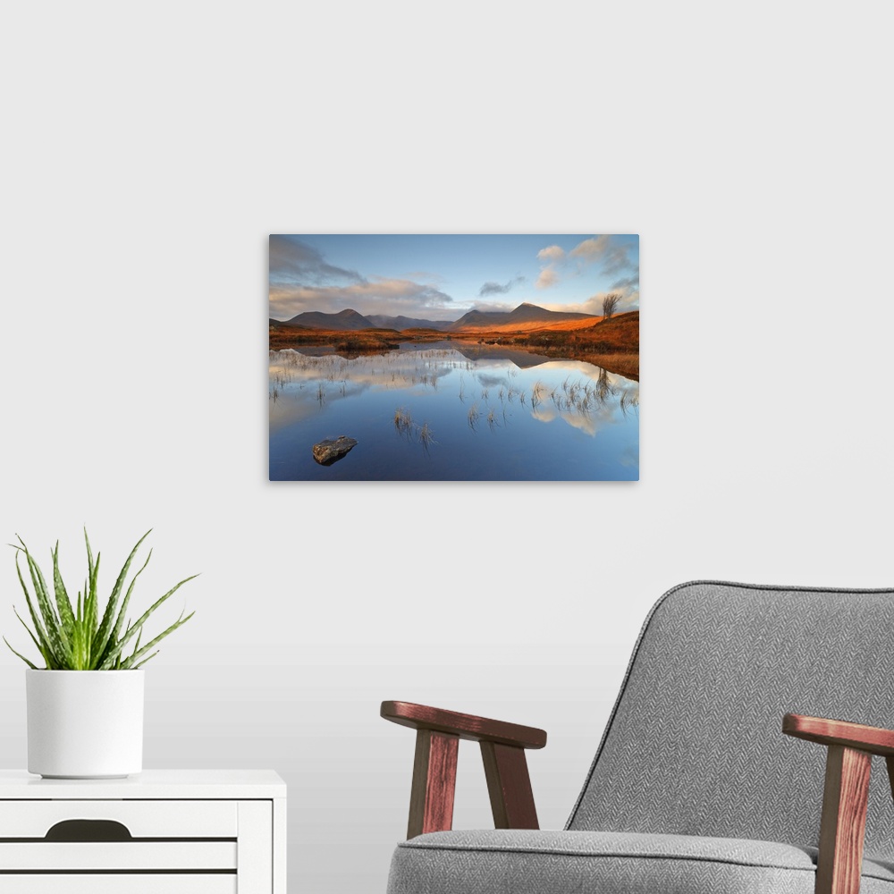 A modern room featuring UK, Scotland, Great Britain, Highlands, Rannoch Moor, Loch Nah Achlaise at sunrise.