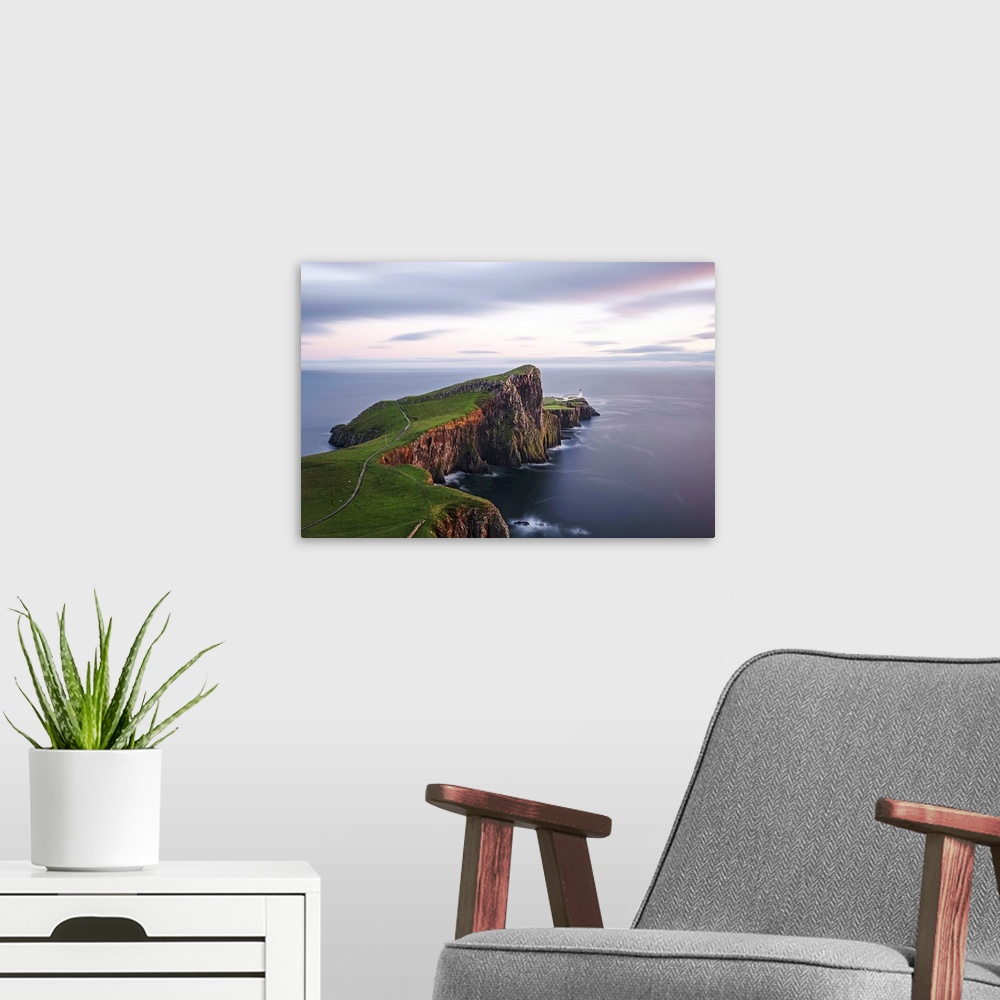 A modern room featuring UK, Scotland, Inner Hebrides, Isle of Skye, Great Britain, Neist Point Lighthouse.