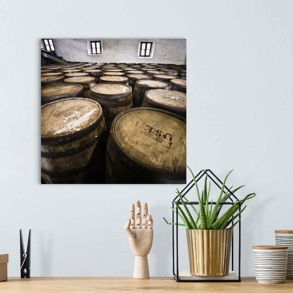 A bohemian room featuring Scotland, Inner Hebrides, Jura Island, Jura whisky distillery barrel storage