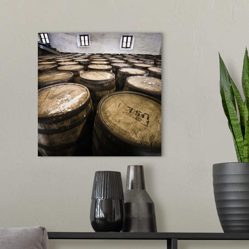A modern room featuring Scotland, Inner Hebrides, Jura Island, Jura whisky distillery barrel storage