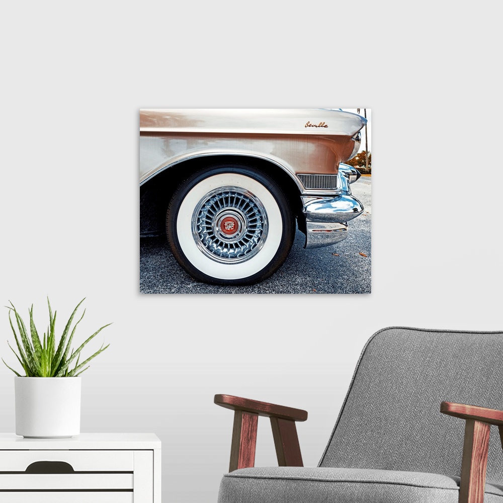 A modern room featuring Side view of a 1950's Cadillac Seville.