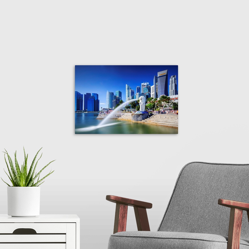 A modern room featuring Singapore, Singapore City, Merlion fountain.