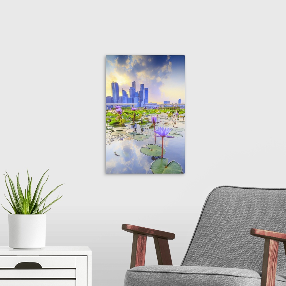 A modern room featuring Singapore, Singapore City, Water lilies and city skyline at sunset.