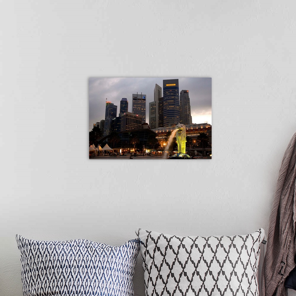 A bohemian room featuring Singapore, Merlion statue and skyline