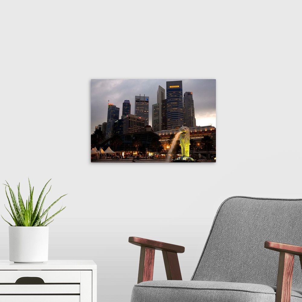 A modern room featuring Singapore, Merlion statue and skyline
