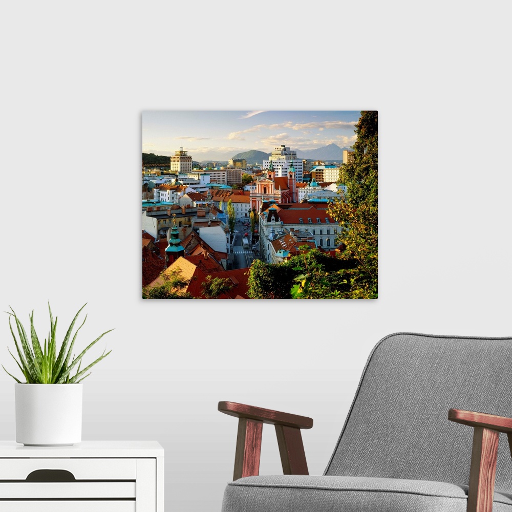 A modern room featuring Slovenia, Ljubljana, View of the city from the castle