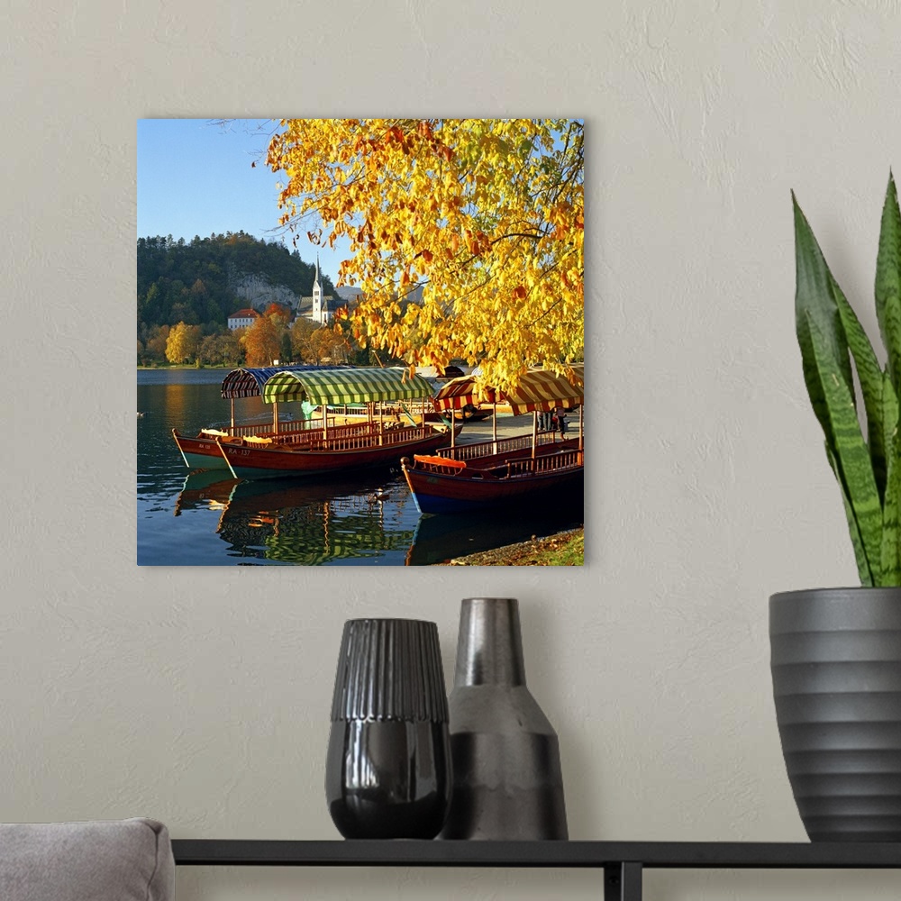 A modern room featuring Slovenia, Upper Carniola, Alps, Julian Alps, Bled, Bled lake, typical boats