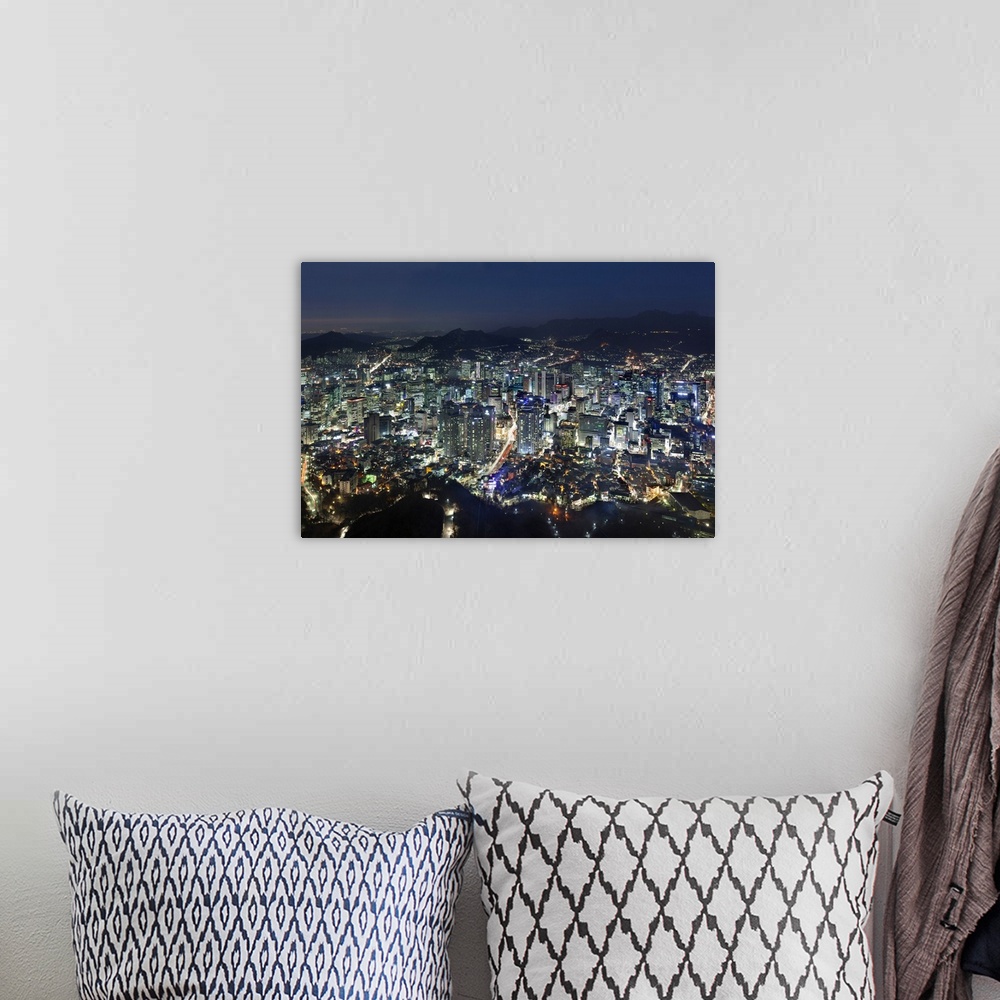 A bohemian room featuring Korea, South Korea, Seoul, Namsan Park, Northern view from N Seoul Tower, Myeong-dong District in...