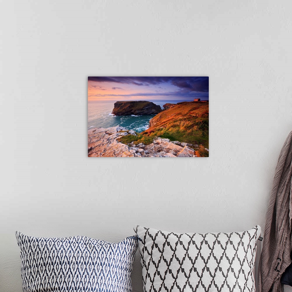 A bohemian room featuring South West Coast Path, Cornwall, Coastal landscape looks toward Tintagel Island & Castle