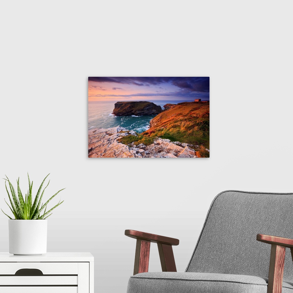 A modern room featuring South West Coast Path, Cornwall, Coastal landscape looks toward Tintagel Island & Castle
