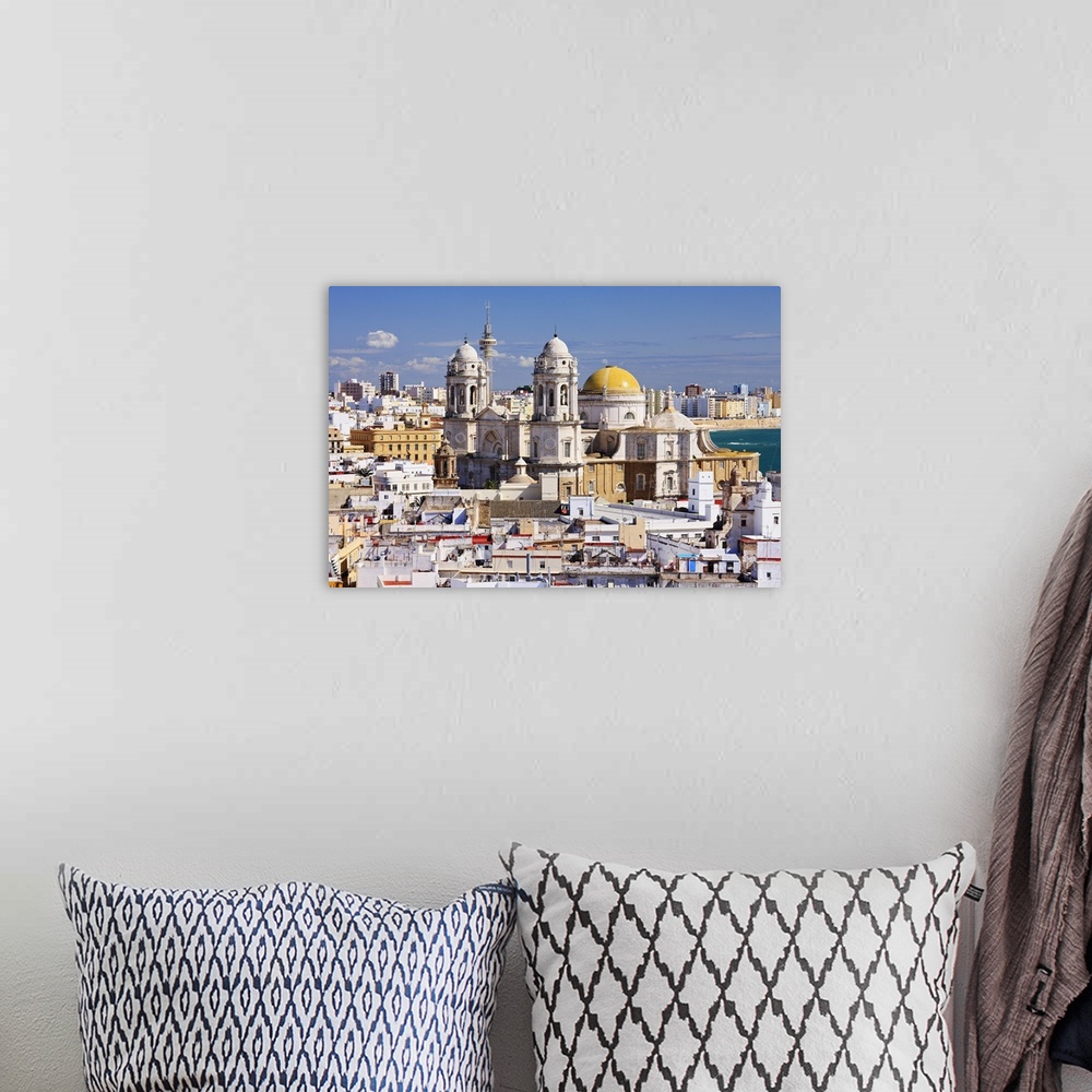 A bohemian room featuring Spain, Andalusia, Costa de la Luz, Cadiz, Panoramic view of the old town and Cathedral