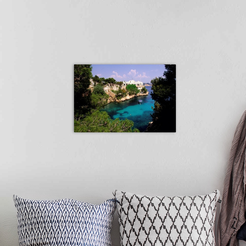 A bohemian room featuring Spain, Balearic Islands, Mallorca, Cala Fornells, view of the bay