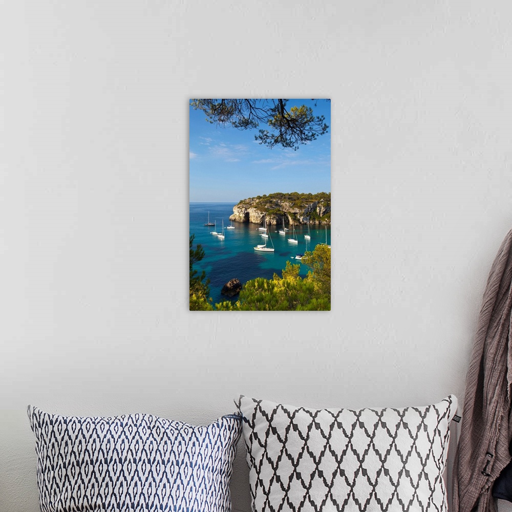 A bohemian room featuring Spain, Balearic Islands, Minorca, Boats in Cala Macarelleta Bay