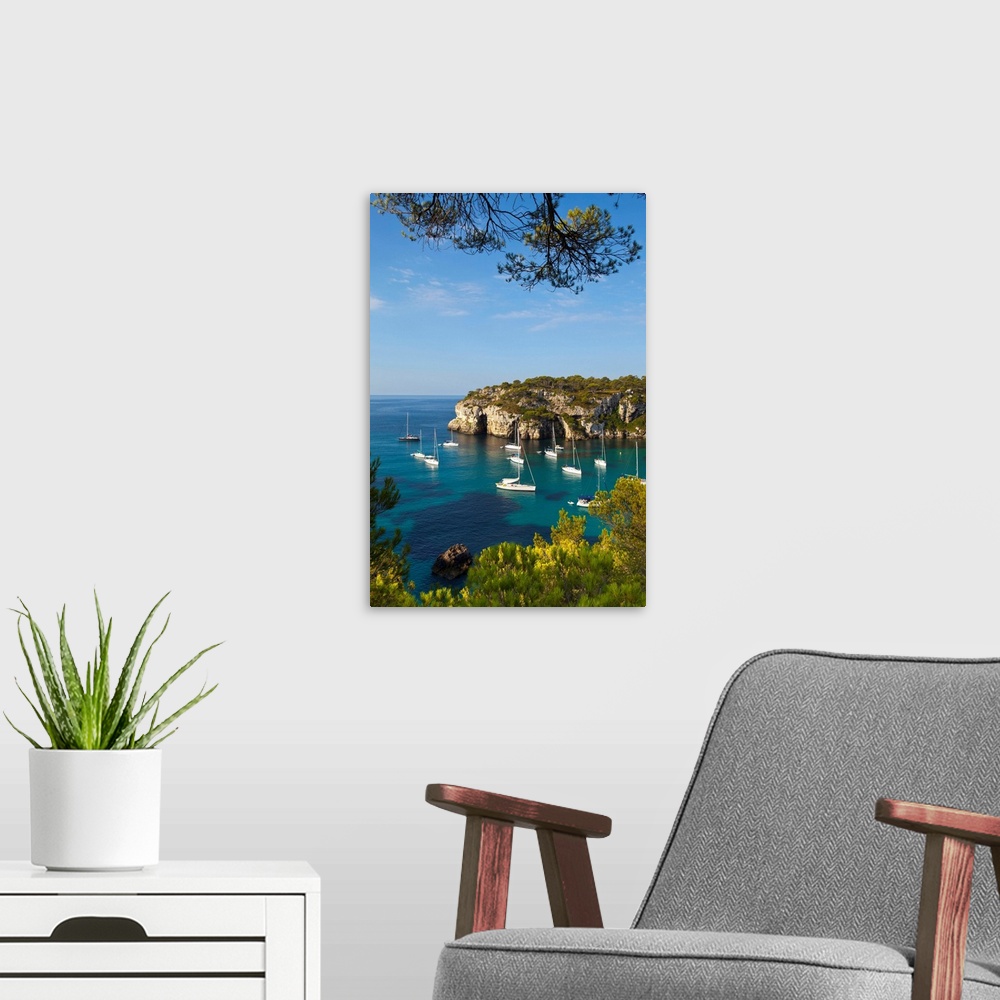 A modern room featuring Spain, Balearic Islands, Minorca, Boats in Cala Macarelleta Bay