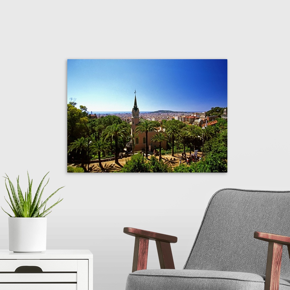 A modern room featuring Spain, Barcelona, Parc (park) Guell, View near the Casa-Museu Gaud.. (UNESCO World Heritage)