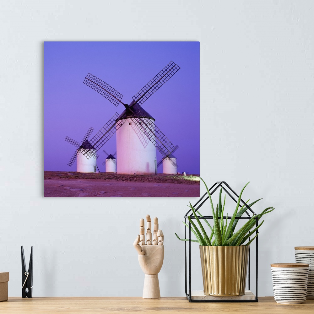 A bohemian room featuring Spain, Castilla-La Mancha, La Mancha, Consuegra, windmills