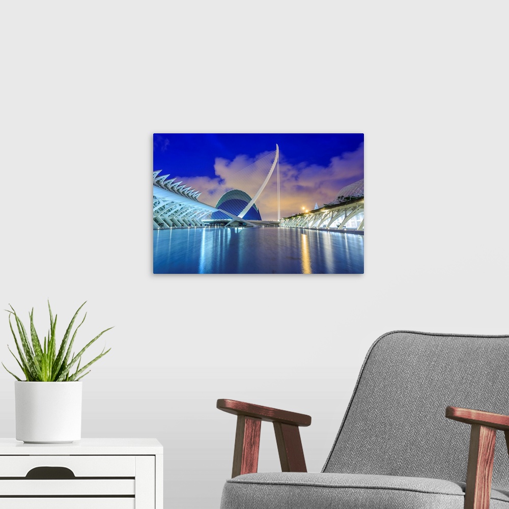 A modern room featuring Spain, Valencia, City of the Arts and Sciences at sunset.