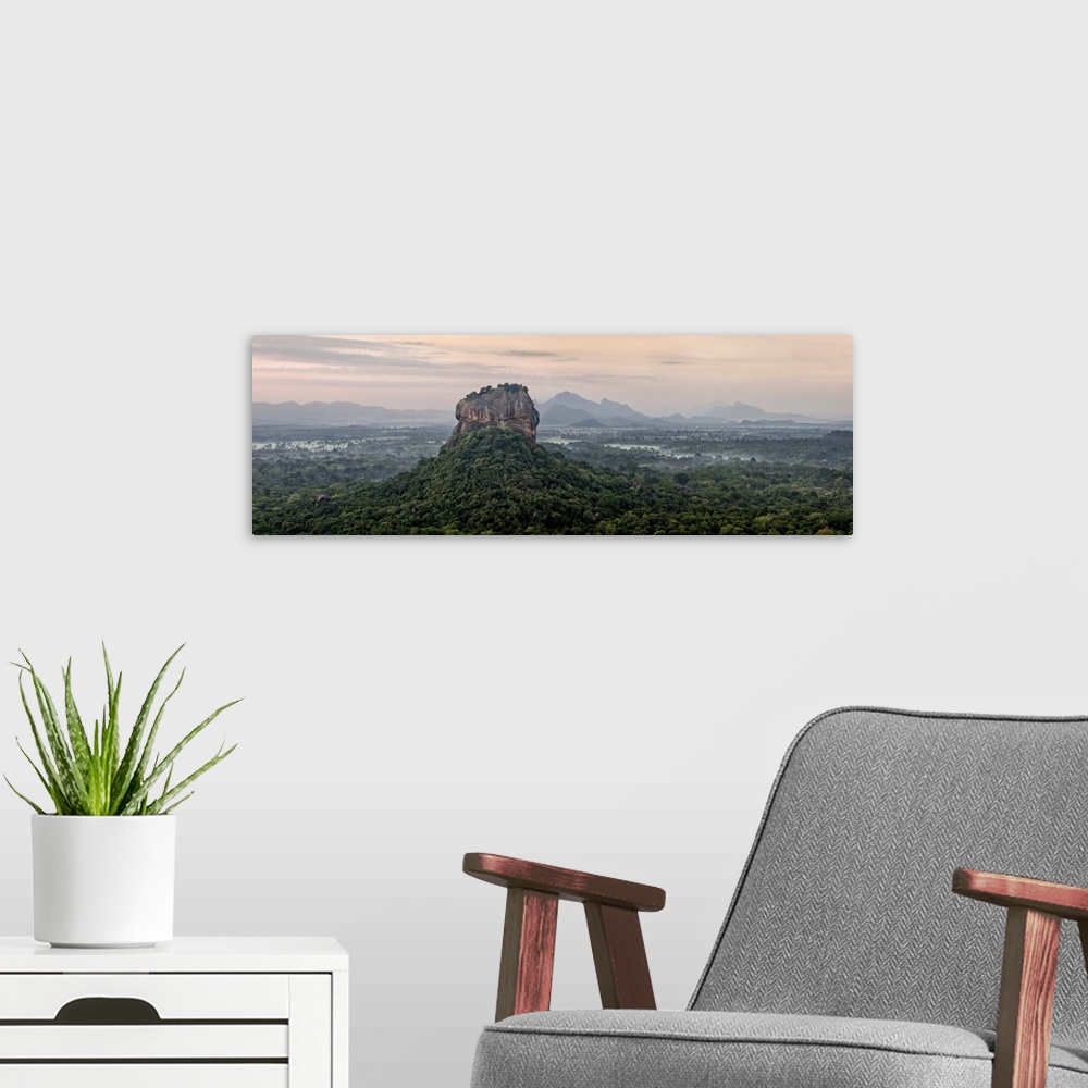 A modern room featuring Sri Lanka, Central Province, Sigiriya, Sigiriya Rock at sunrise, view from the summit of Pidurang...