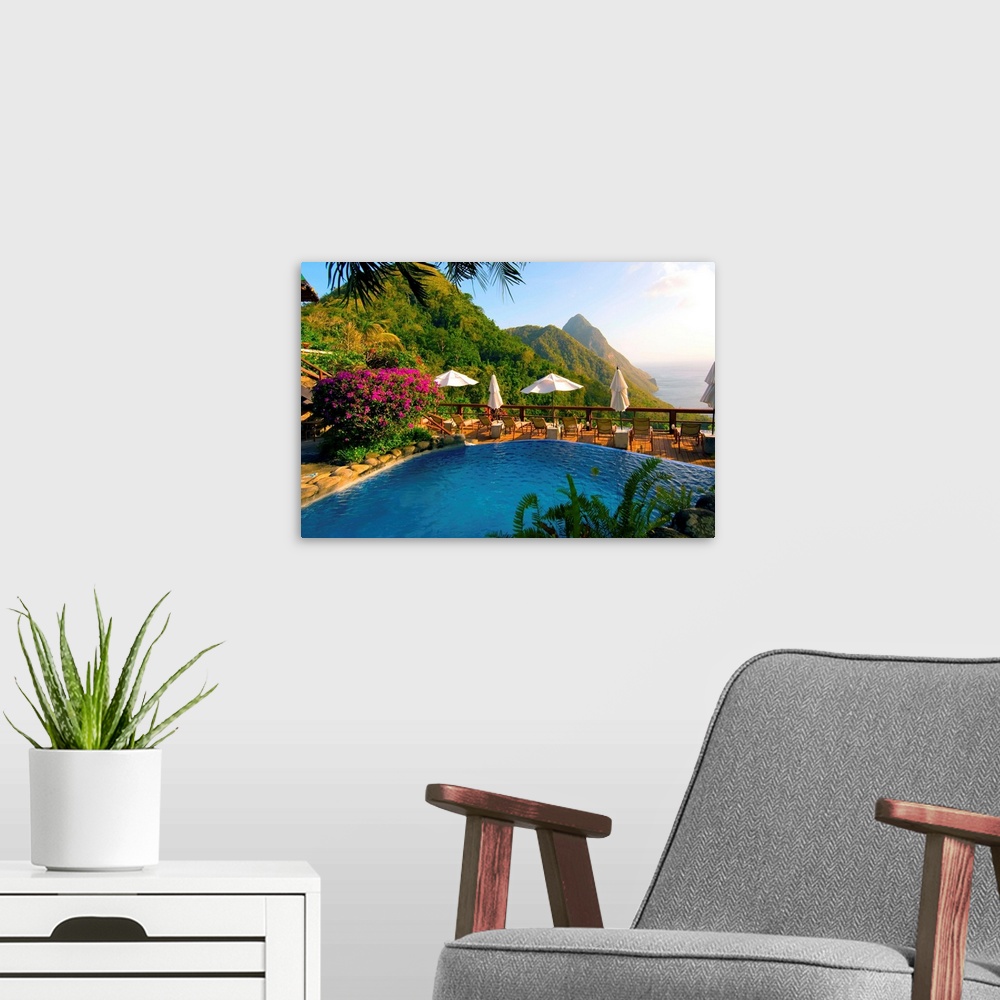 A modern room featuring St. Lucia, Ladera Resort, Poolside lounge area, Gros Piton in the background