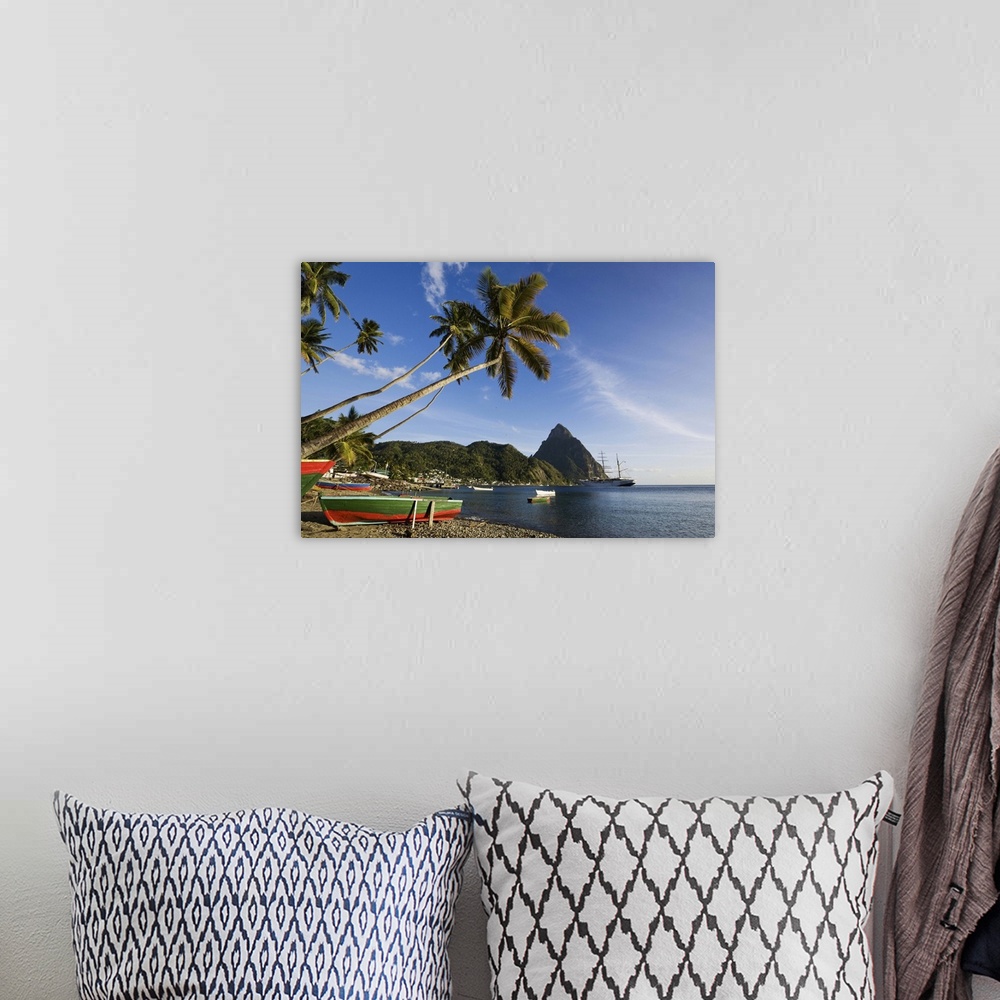 A bohemian room featuring St Lucia, Soufriere, Fishing boats in Soufriere Bay with Petit Piton in the background
