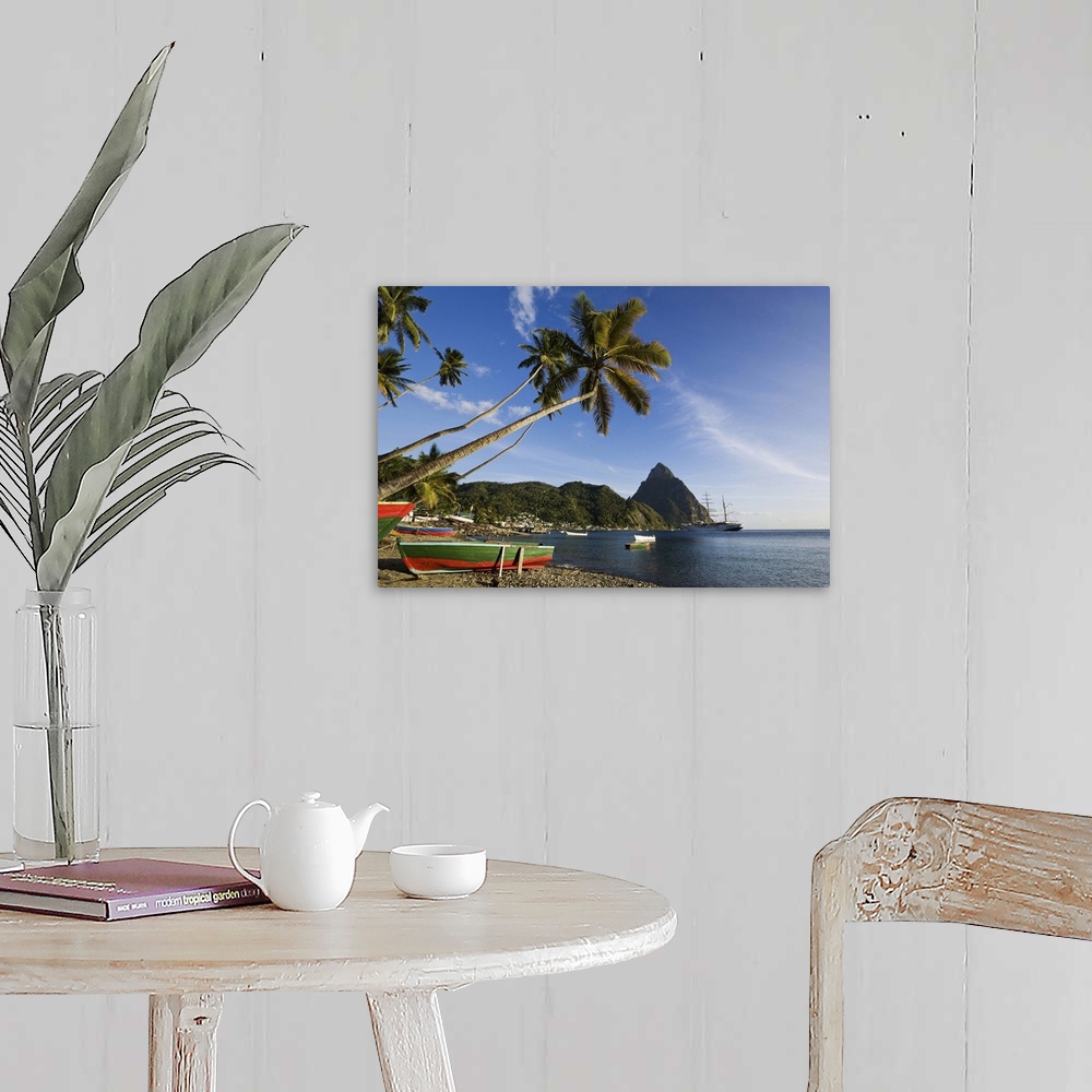 A farmhouse room featuring St Lucia, Soufriere, Fishing boats in Soufriere Bay with Petit Piton in the background