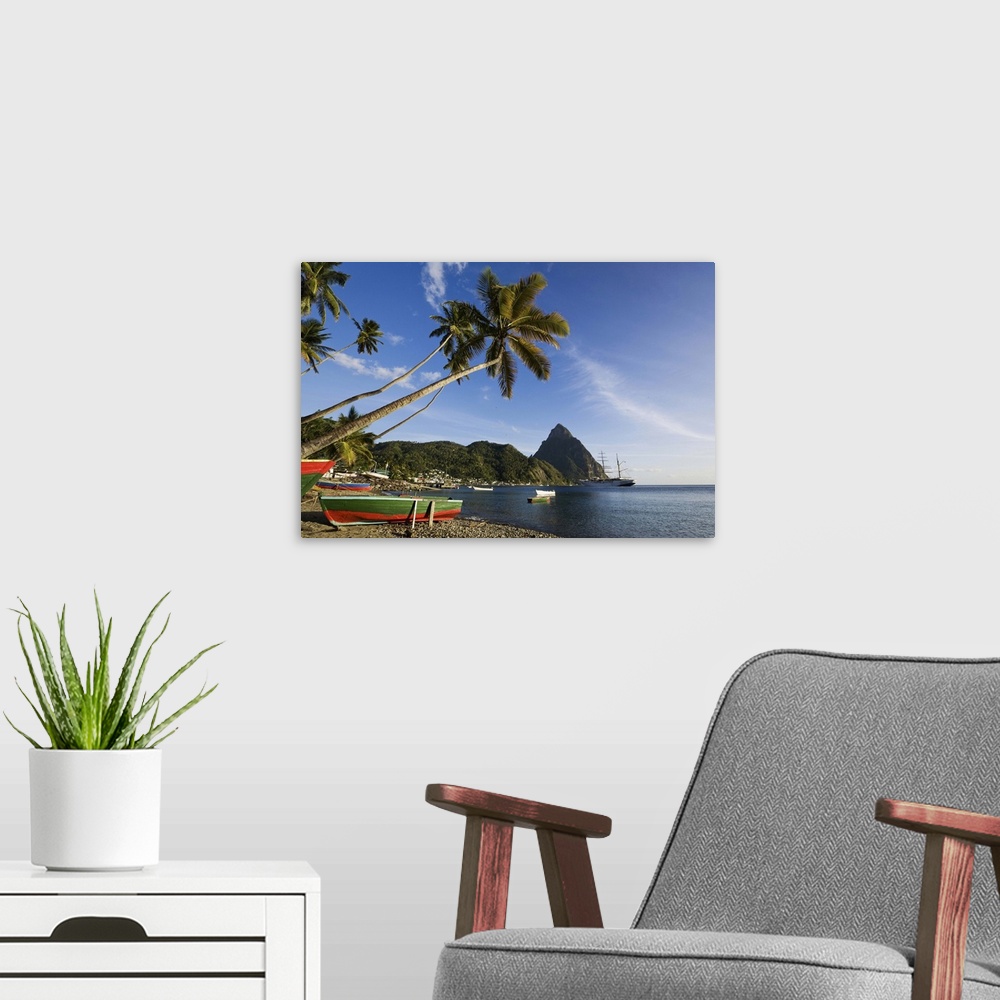 A modern room featuring St Lucia, Soufriere, Fishing boats in Soufriere Bay with Petit Piton in the background