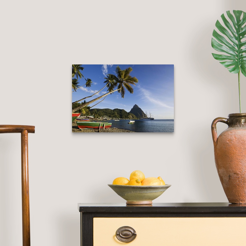 A traditional room featuring St Lucia, Soufriere, Fishing boats in Soufriere Bay with Petit Piton in the background