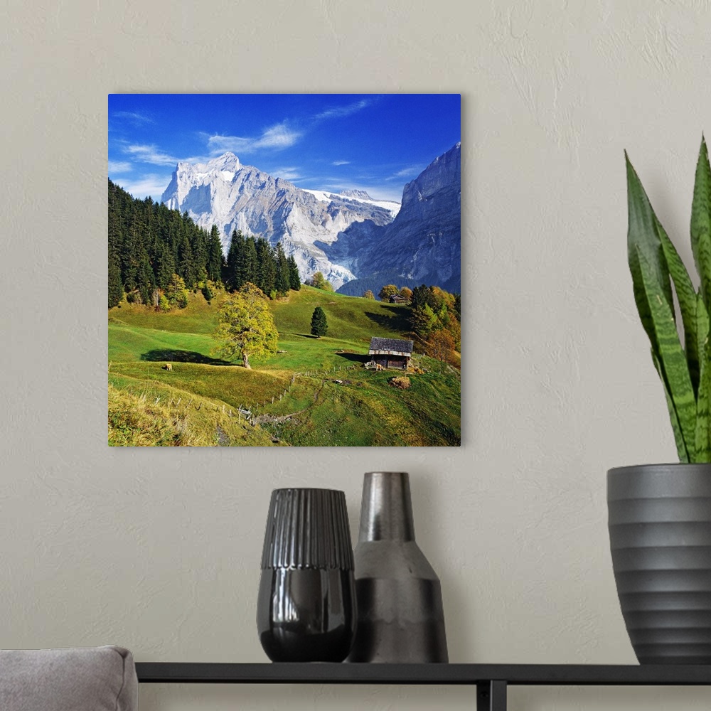 A modern room featuring Switzerland, Bern, Berner Oberland, Grindelwald, Countryside and Wetterhorn in the background