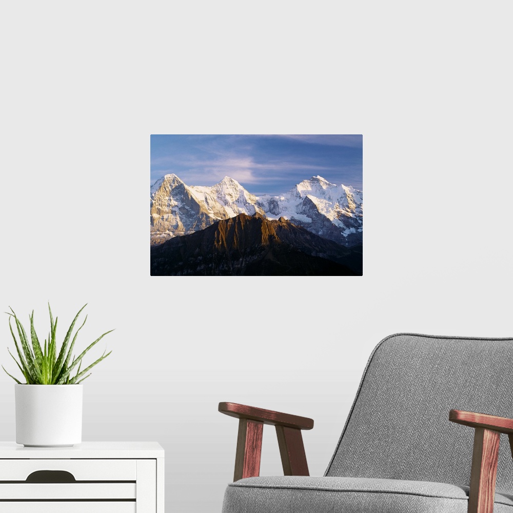 A modern room featuring Switzerland, Bern, Monch and Jungfrau mountains, view towards Eiger