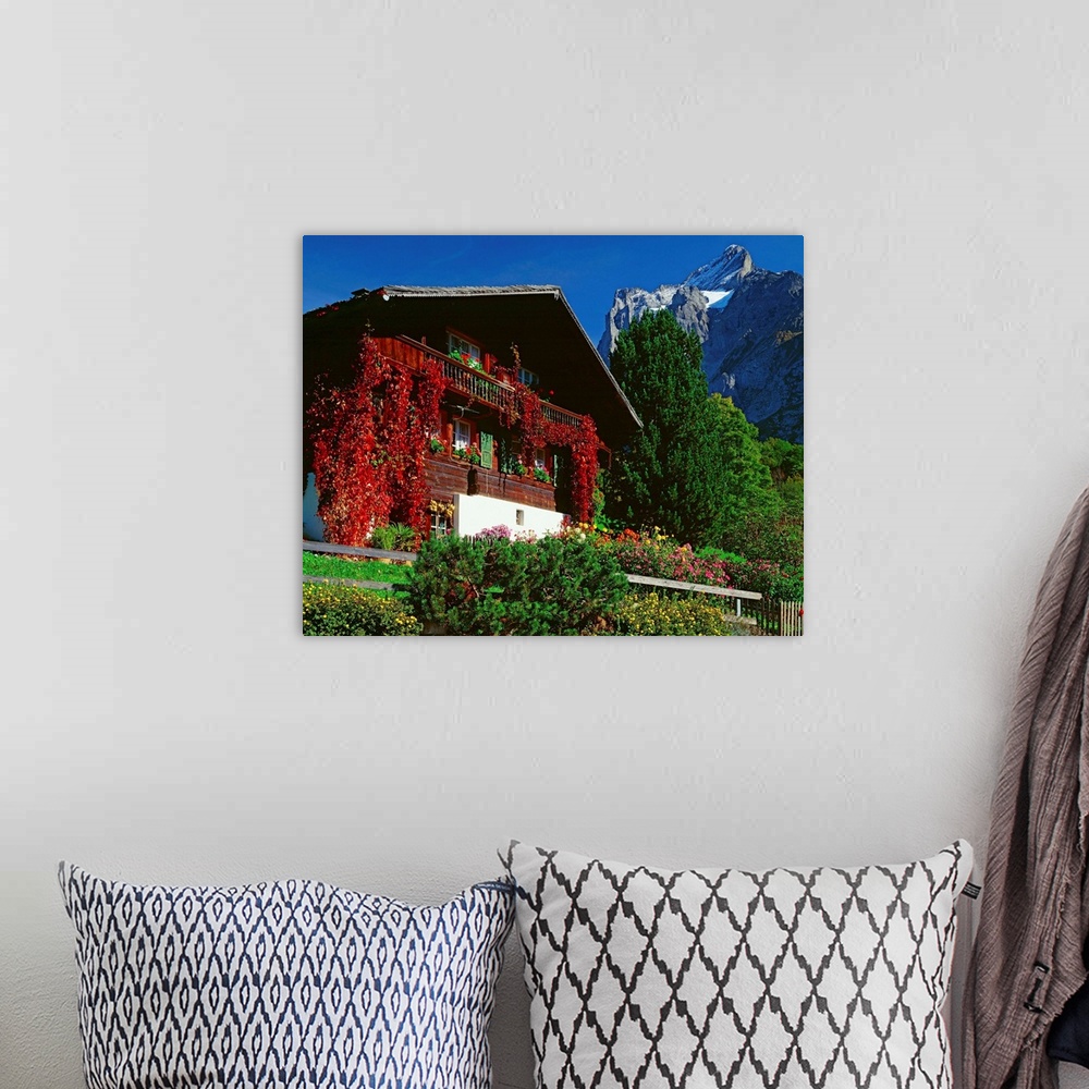 A bohemian room featuring Switzerland, Bern, typical chalet and view towards Wetterhorn mountain