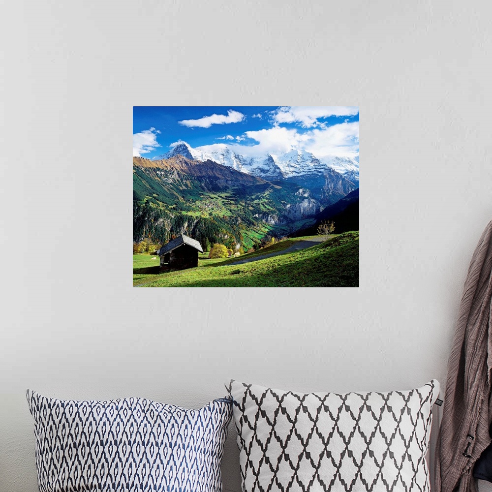 A bohemian room featuring Switzerland, Bern, View from Wengen village towards Jungfrau mountain