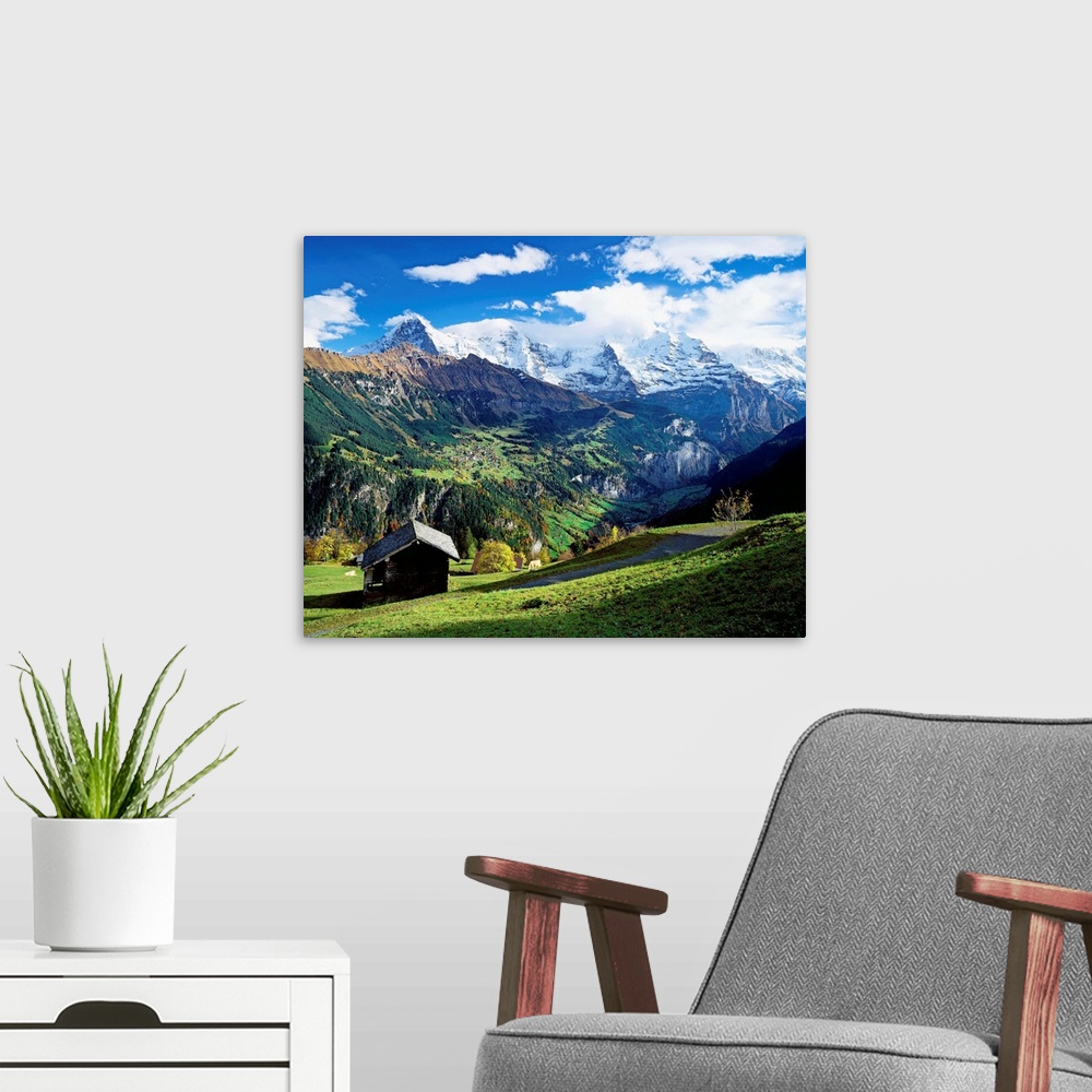 A modern room featuring Switzerland, Bern, View from Wengen village towards Jungfrau mountain