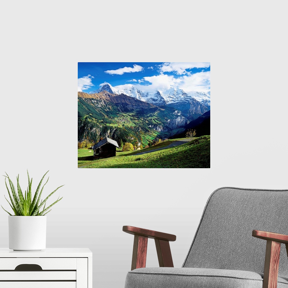 A modern room featuring Switzerland, Bern, View from Wengen village towards Jungfrau mountain