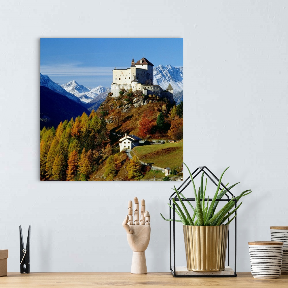 A bohemian room featuring Switzerland, Engadin, Tarasp, view of the castle