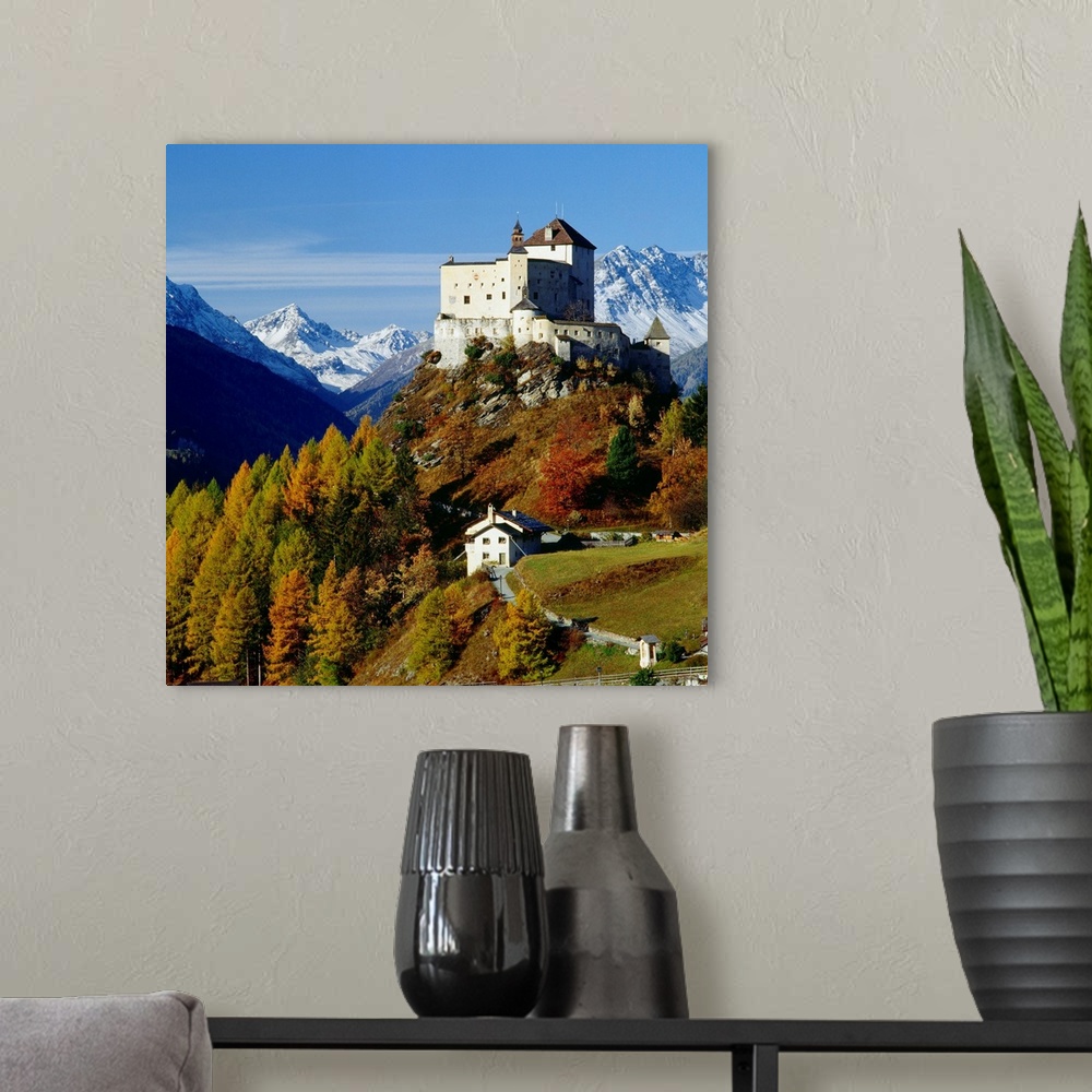 A modern room featuring Switzerland, Engadin, Tarasp, view of the castle