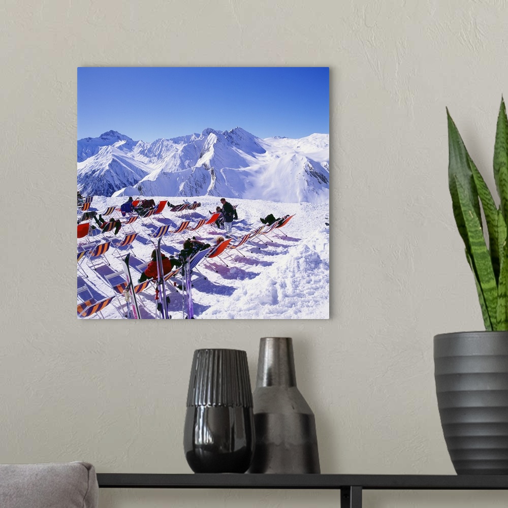 A modern room featuring Switzerland, Graubunden, Samnaun skiarena, panorama from Alp Trida Sattel