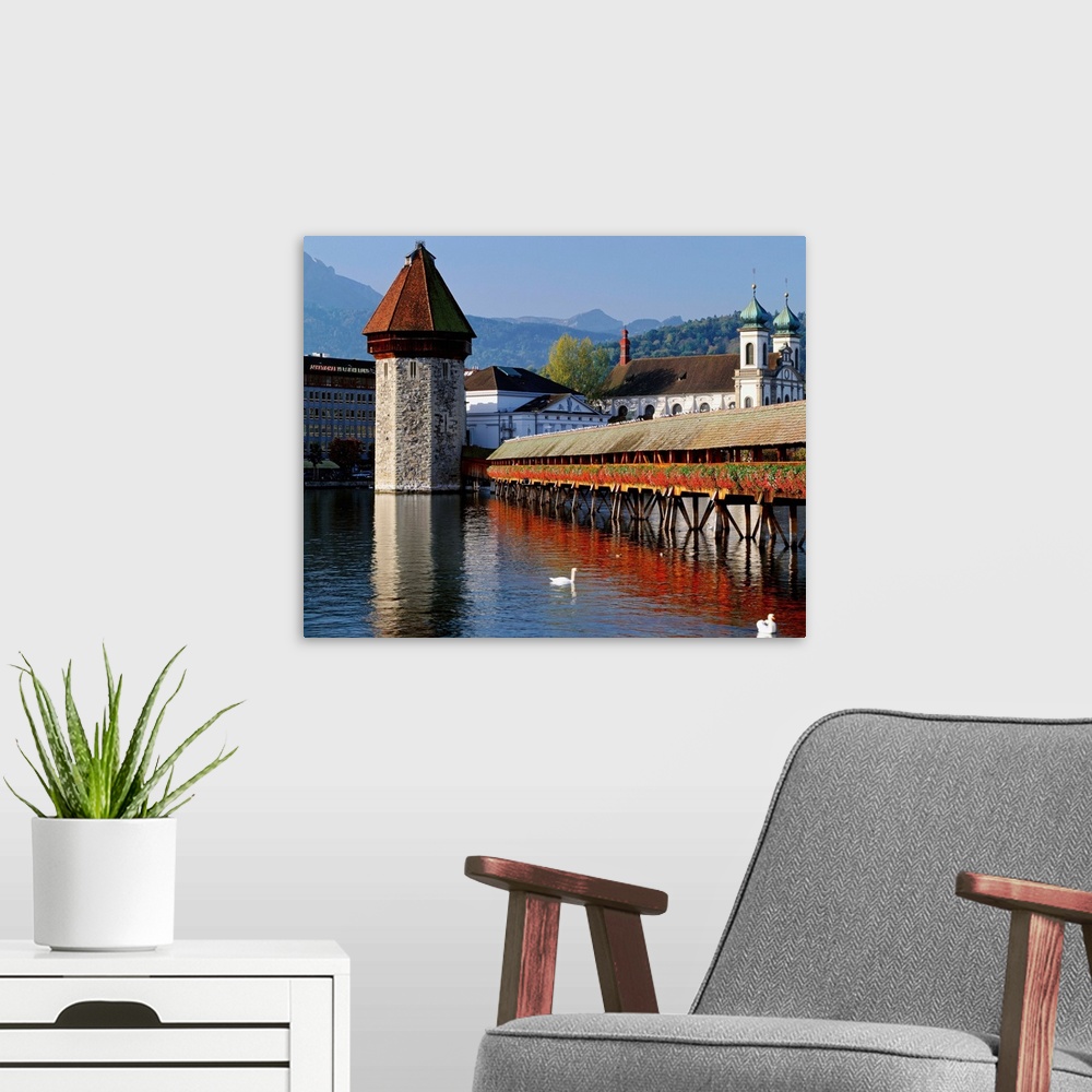 A modern room featuring Switzerland, Luzern, Luzern, Lucerne, Kapellbr.cke (Chapel Bridge), the covered wooden bridge and...