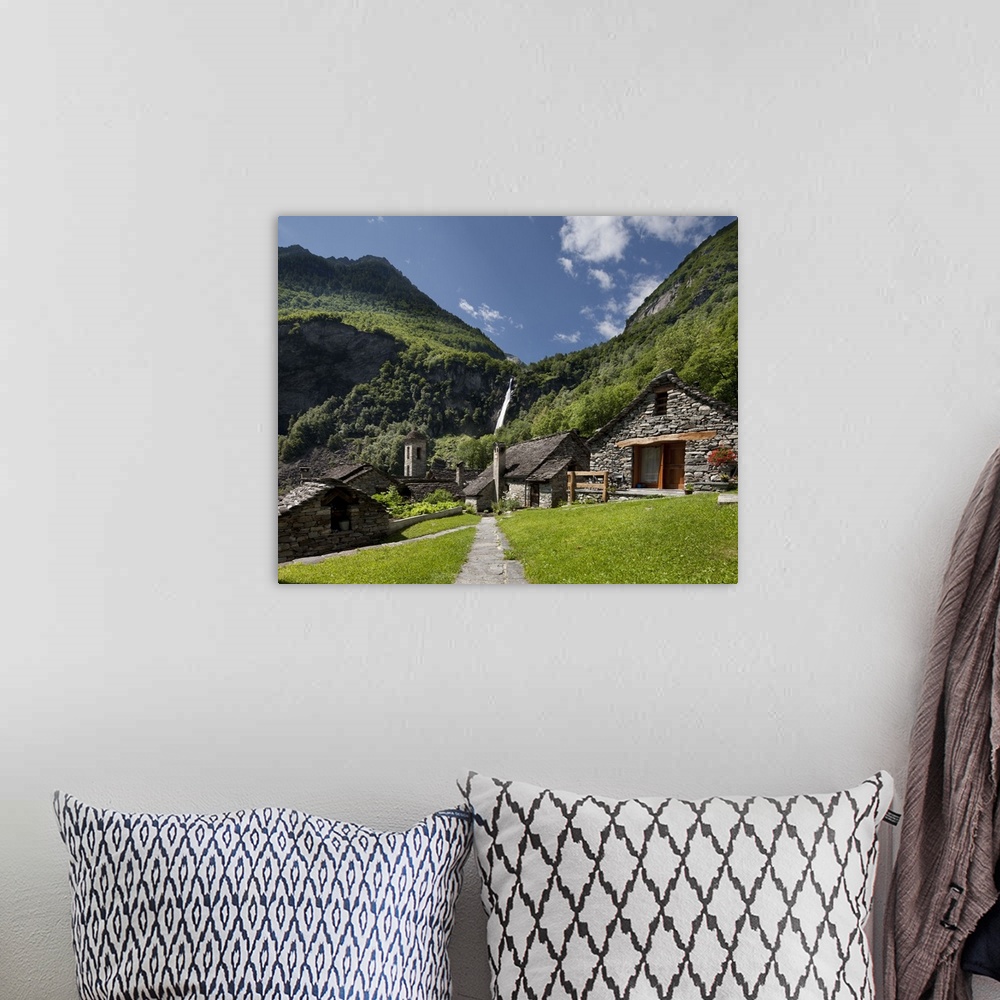 A bohemian room featuring Switzerland, Ticino, Tessin, Alps, Valle Maggia, Val Bavona, Foroglio village and waterfall