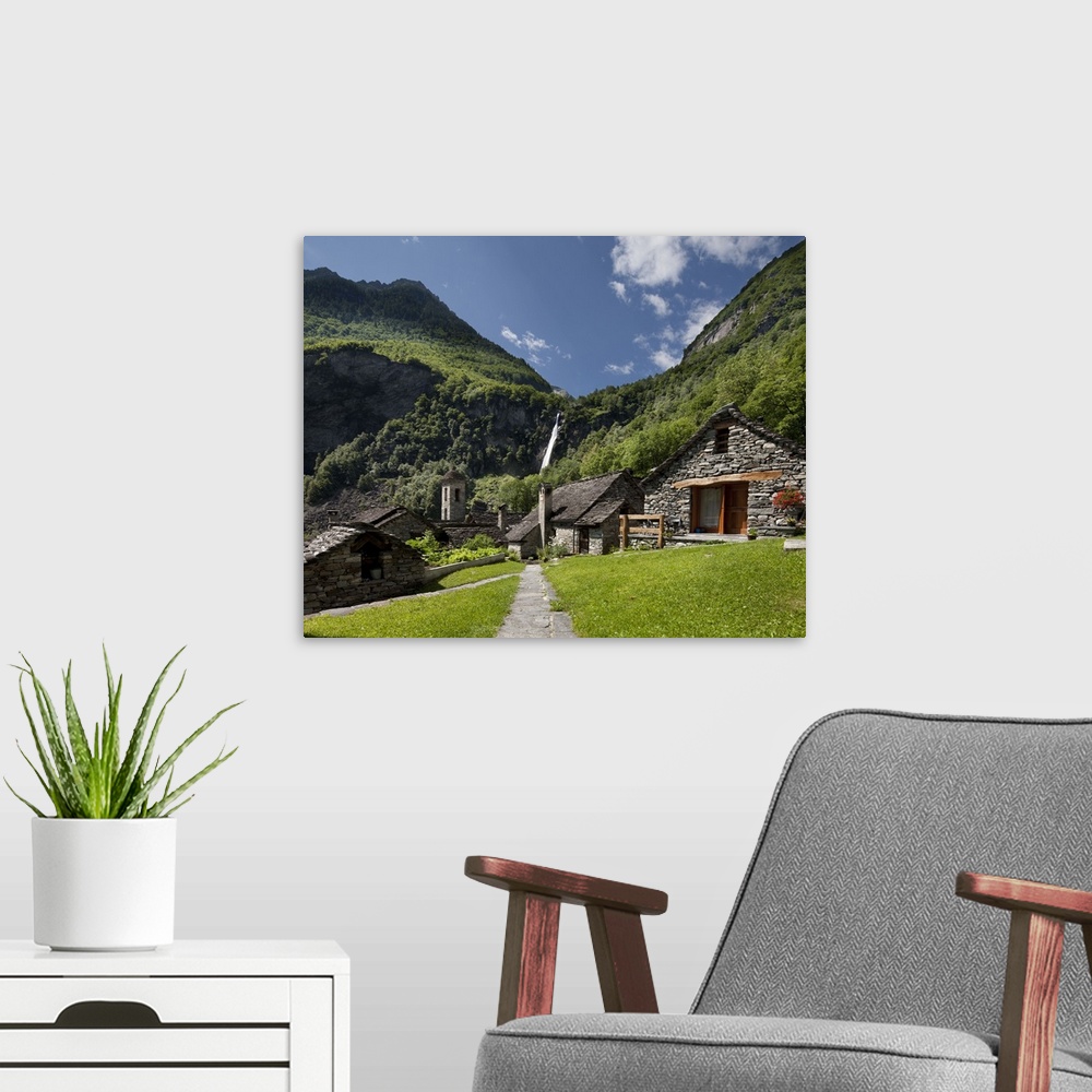 A modern room featuring Switzerland, Ticino, Tessin, Alps, Valle Maggia, Val Bavona, Foroglio village and waterfall