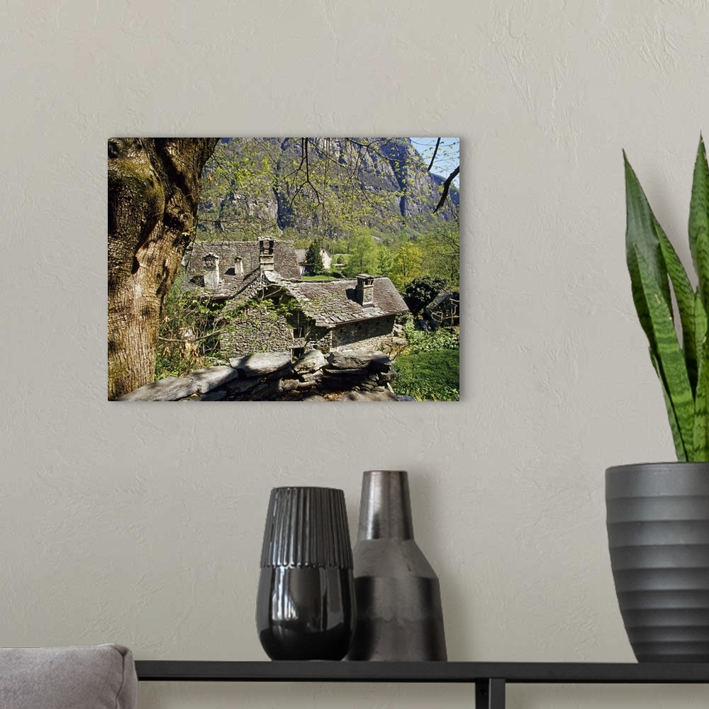 A modern room featuring Switzerland, Ticino, Central Europe, Cevio, Maggia Valley, view of the village