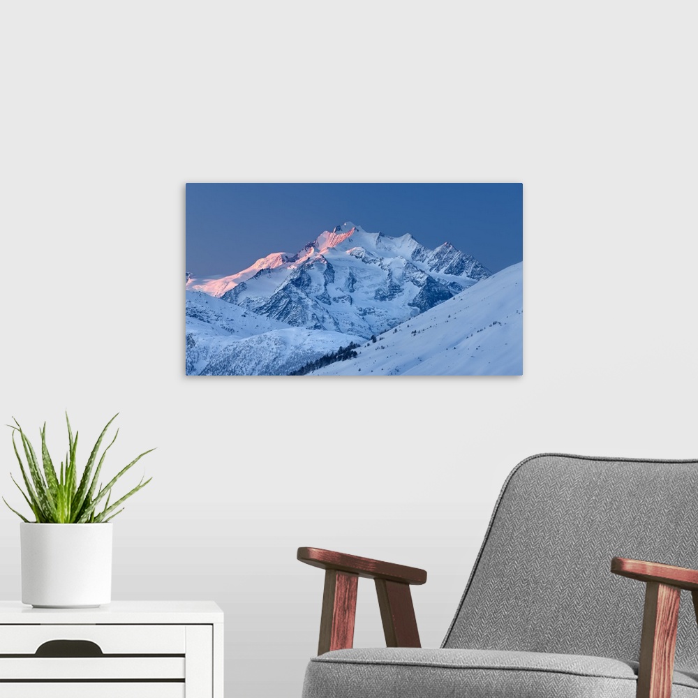 A modern room featuring Switzerland, Valais, Alps, Blatten, Mischabel Group with the Dom Mountain (4545 m) at sunrise.