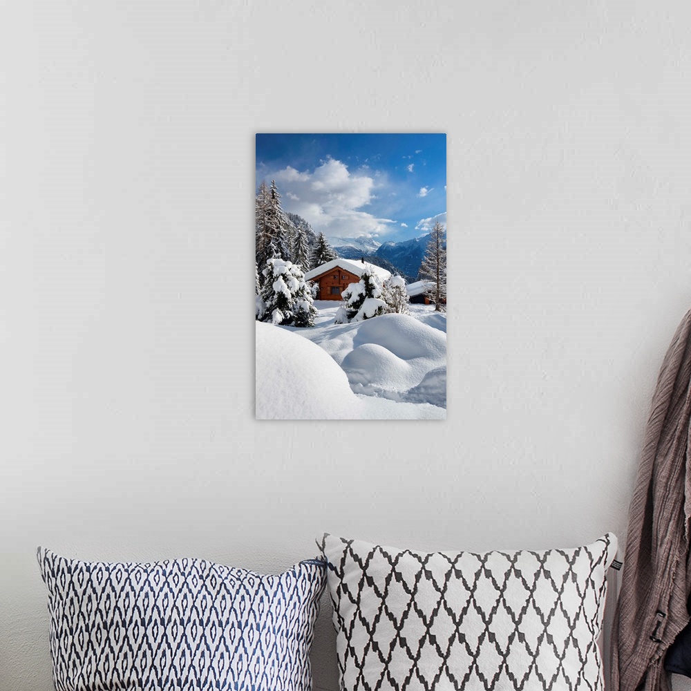 A bohemian room featuring Switzerland, Valais, Alps, Blatten, Snow covered chalet.