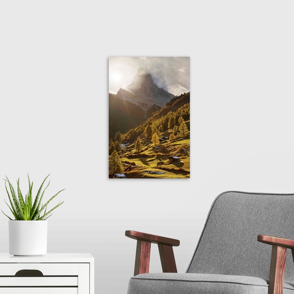 A modern room featuring Switzerland, Valais, Alps, Central Europe, Zermatt, View towards Matterhorn mountain (Monte Cervino)