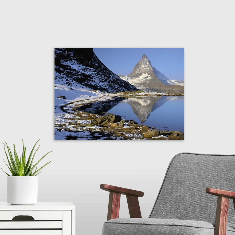 A modern room featuring Switzerland, Valais, Zermatt, Riffel Lake and Matterhorn mountain
