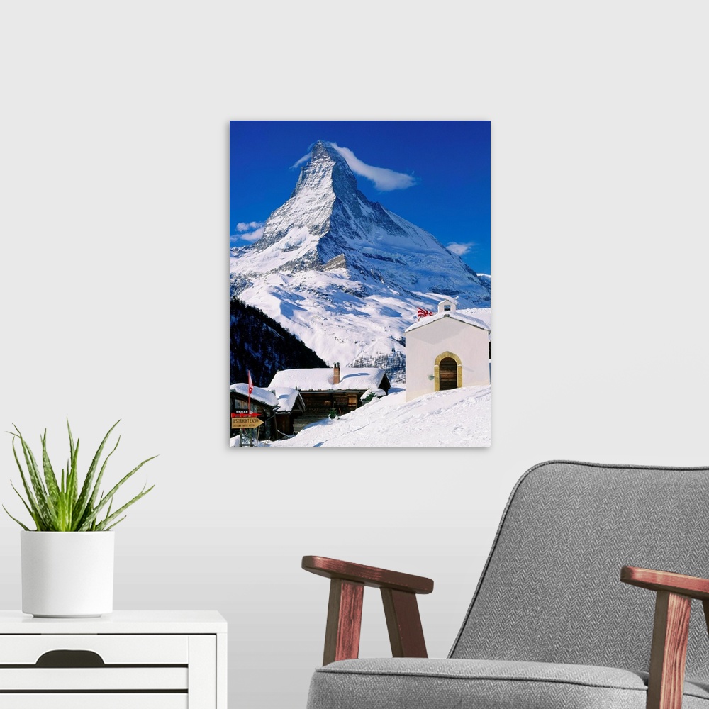 A modern room featuring Switzerland, Valais, Zermatt, view towards Findeln village and Matterhorn mountain