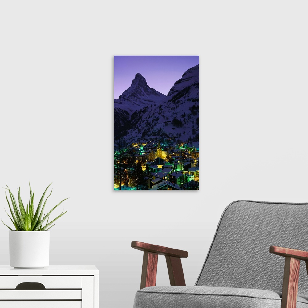 A modern room featuring Switzerland, Valais, Zermatt, view towards the village and Matterhorn mountain
