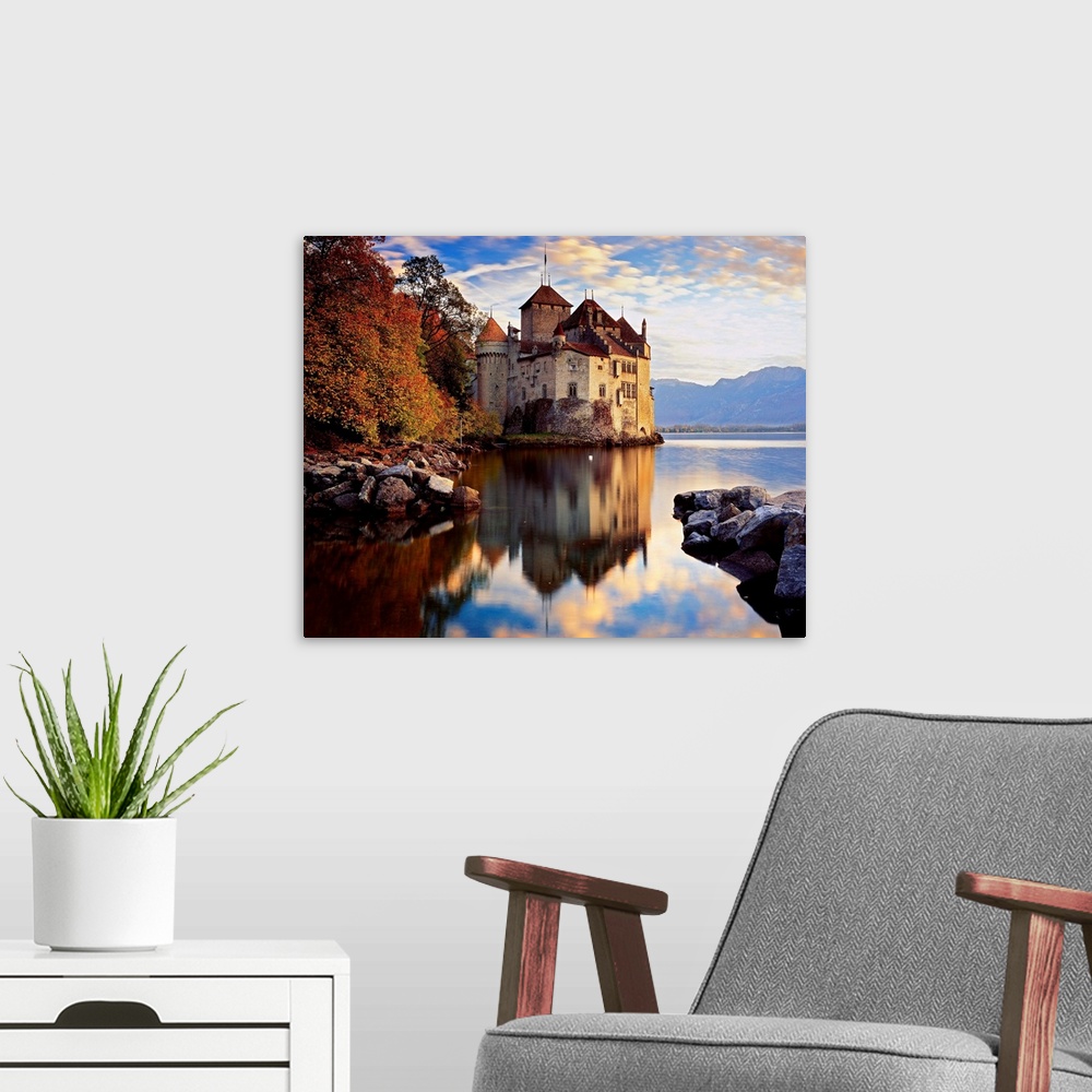 A modern room featuring Switzerland, Vaud, Lake Geneva, Castle of Chillon, near Montreux town