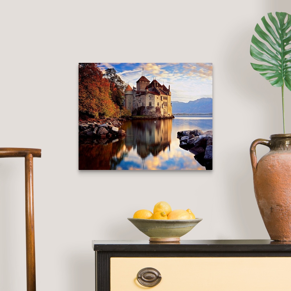 A traditional room featuring Switzerland, Vaud, Lake Geneva, Castle of Chillon, near Montreux town