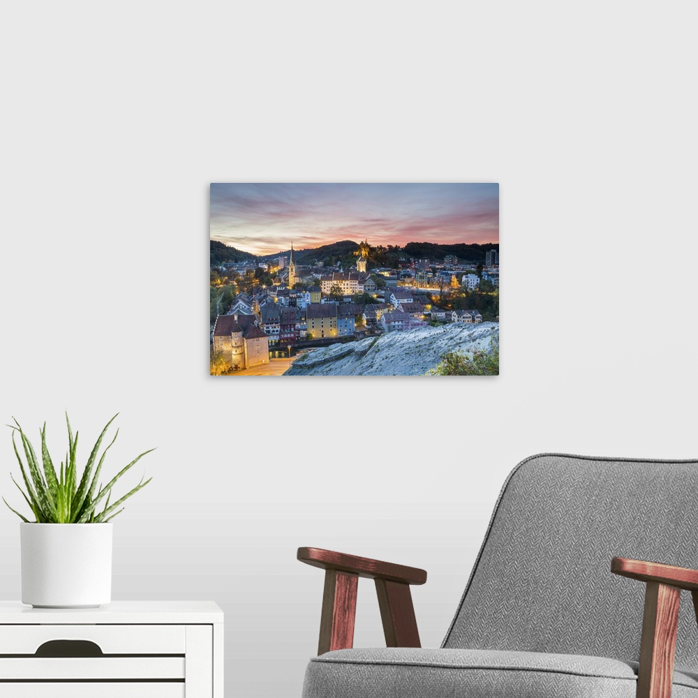 A modern room featuring Switzerland, View over old town Baden, Canton of Aargau.