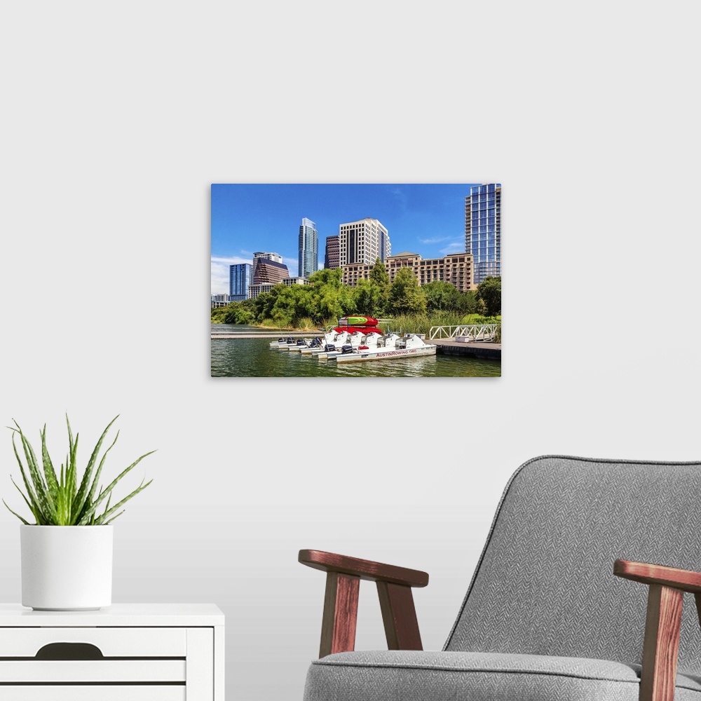A modern room featuring Texas, Austin downtown skyline from Colorado River  and Austin Rowing dock, The Austonian, W Hote...